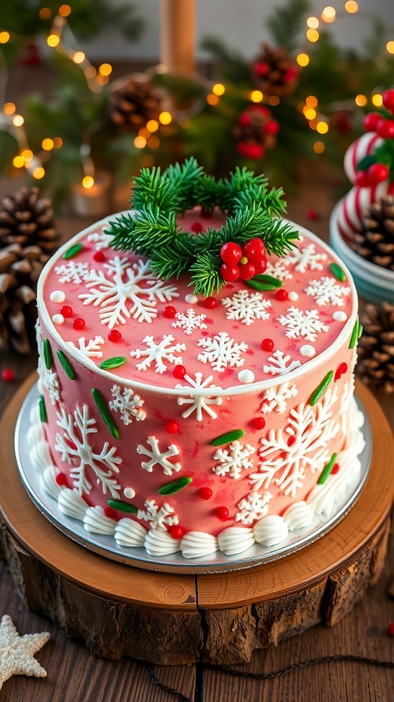 A festive buttercream Christmas cake with snowflake decorations and a wreath, set on a wooden table with holiday decor.